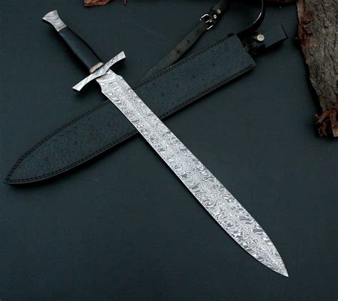 Custom Handmade Damascus Steel Sword With Leather Sheath Nb Cutlery Ltd