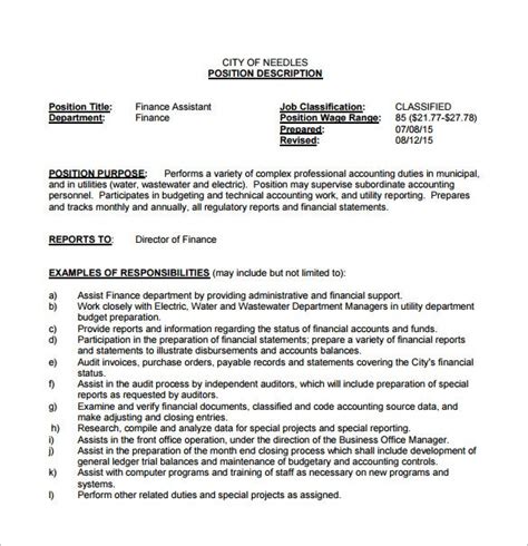 He or she will have to report his or her work to the chief accountant with financial reports of the time. Financial Assistant Job Description Template - 9+ Free ...