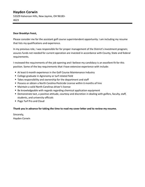 Assistant Golf Course Superintendent Cover Letter Velvet Jobs