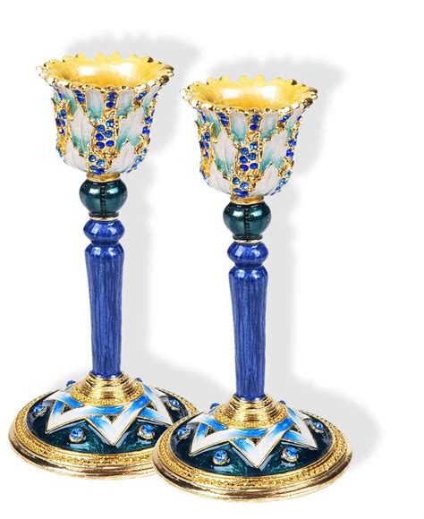 Jewish Ts Blue Enamel Crystals Shabbat Candlesticks