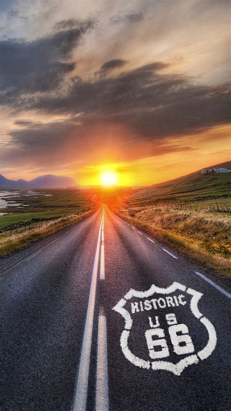 Popular Overseas Historic Us Route 66 Backdrop Vinyl Dusk Sunset Glow