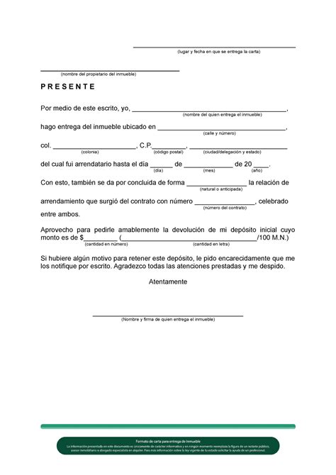 Carta Para Entrega De Inmueble Word Lugar Y Fecha En Que Se Entrega