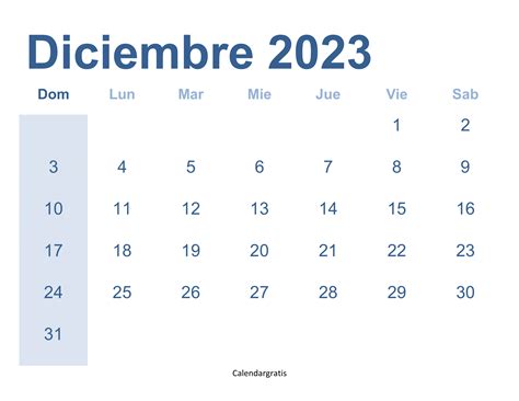 Calendario Diciembre 2023 Para Imprimir
