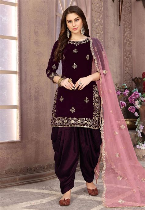 Purple Velvet Embroidered Punjabi Suit 194852 Party Wear Dresses
