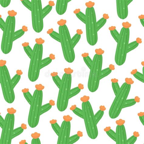 Cute Seamless Pattern With Cacti In Cartoon Style For Print Green
