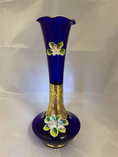 Venetian Cobalt Blue Gold Enameled Applied Flowers Bud Vase Murano Italy 8 Cobalt Blue Blue