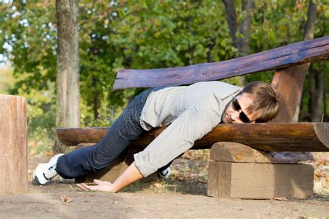 Exhausted Man Sleeping On Bench Stock Photo Image Of Peaceful Seat