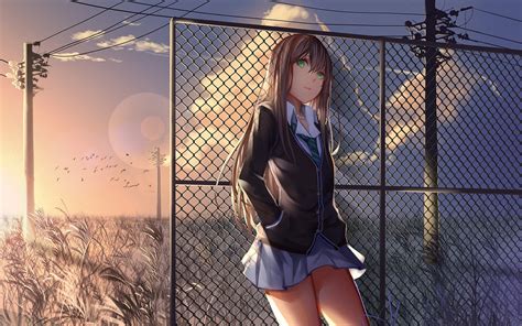 Sunset Anime Girl Poles Wires Fence Wallpaper Anime Wallpaper