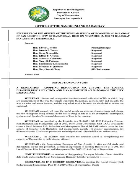 Barangay Resolution On Bdrrmc Emergency Management Disaster Risk