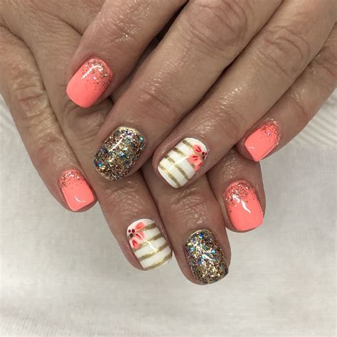 Coral And Gold Glitter Gel Nails Light Elegance Tailgator And Gold