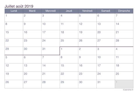 Calendrier Juillet Et Août 2019 à Imprimer Icalendrier