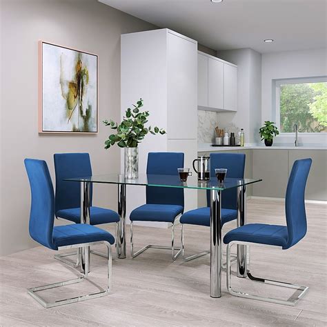 Lunar Dining Table And 6 Perth Chairs Glass And Chrome Blue Classic