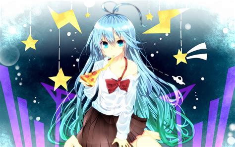 Blue Hair Anime Girl Eat Pizza Wallpaper 1440x900 Resolution