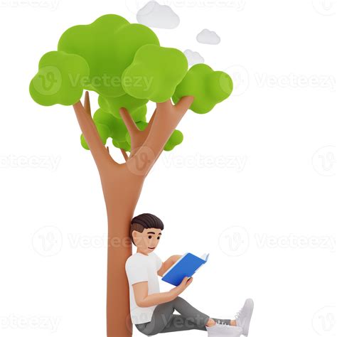 Boy Reading Book While Sitting Under A Tree 3d Character Illustration