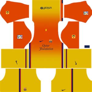 The away shirt meanwhile is bright orange and yellow, supposedly to celebrate the club€™s effervescent style of play whilst also paying homage to the city€™s mixture of culture, art, style and architecture. Barcelona Kits 2012/2013 Dream League Soccer