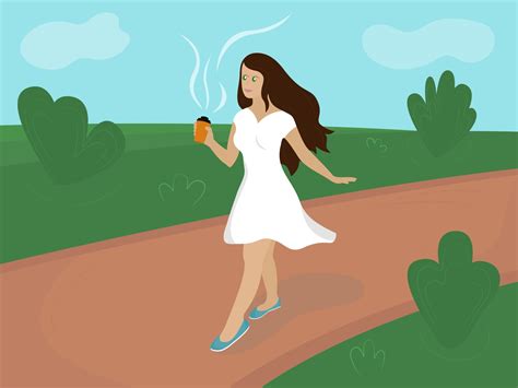 mujer joven está caminando por el parque y sosteniendo un café recién