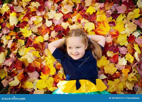 Child In Fall Park Kid With Autumn Leaves Stock Photo Image Of Kids