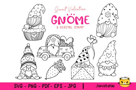Cute Valentine Gnome Coloring Outline Graphic By
