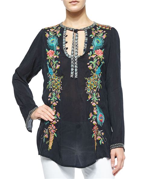 Johnny Was Long Sleeve Peacock Embroidered Tunic Plus Size Black