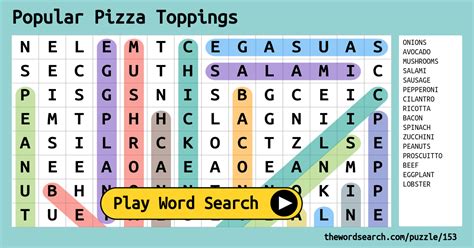 Popular Pizza Toppings Word Search