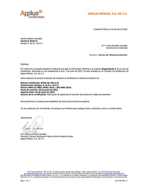 Carta De Mantenimiento Alurgia Ecmx Sc 201321 Alurgia