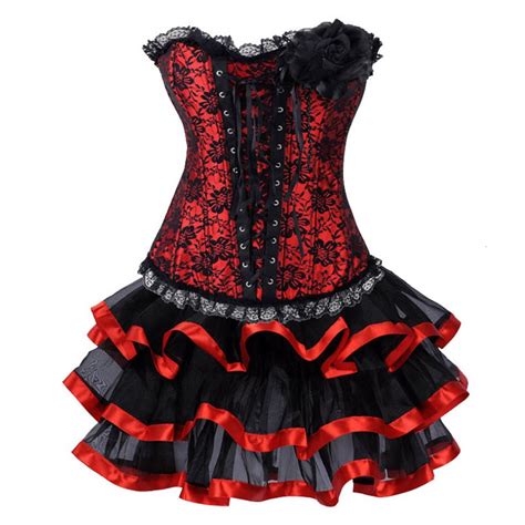 Redblack Floral Lace Espartilhos Corset Corselet Dress Gothic Clothing