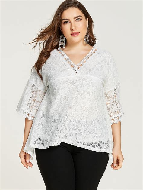 Lace Stitching V Neck Short Sleeve Blouse Mixed Shop In 2020 White