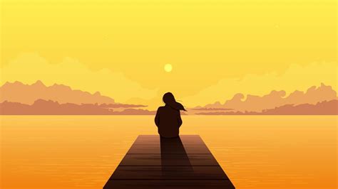 Lonely Girl Silhouette On Sunset Sad Alone Dreamy Woman Sitting