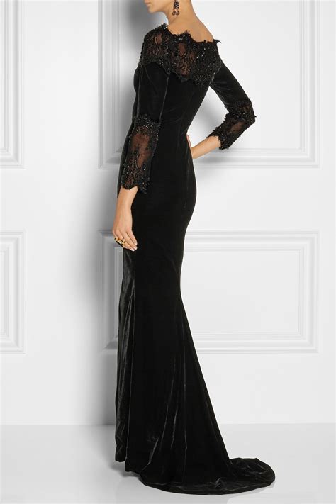 Marchesa Embellished Lace Trimmed Velvet Gown In Black Lyst