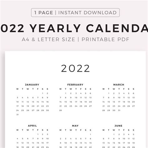 2022 Year Calendar Printable Yearly Wall Calendar Desk Etsy