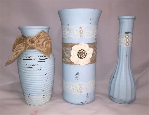 Chalk Painted Vases With Burlap And Lace Set Of By 4anchorsdesigns