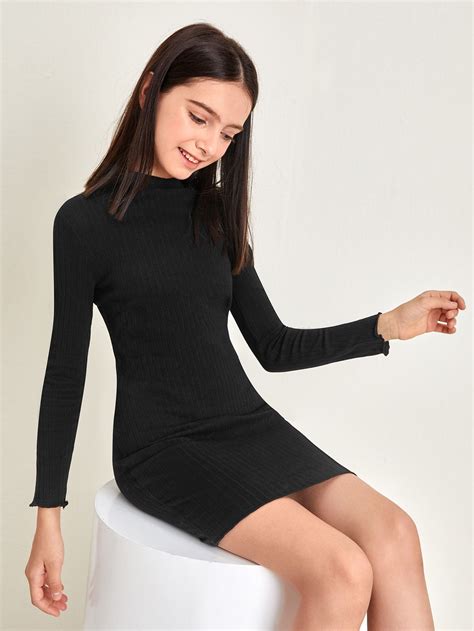 Girls Lettuce Trim Rib Knit Fitted Dress Ribbed Knit Bodycon Dress Girls Fashion Clothes