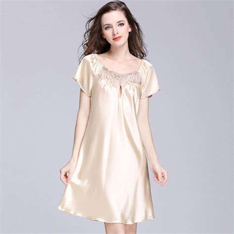 Hot Sale Women Faux Silk Satin Sexy Nightgown Short Sleeve Pure Color