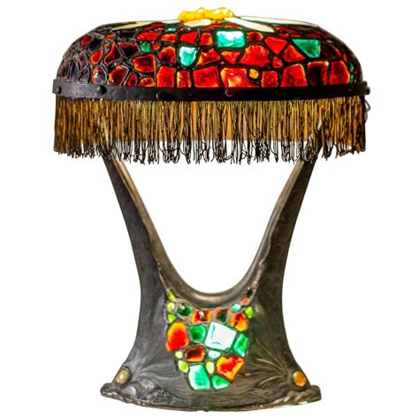 Rare Austrian Colorful Art Nouveau Bronze And Glass Chunk Jewel Table