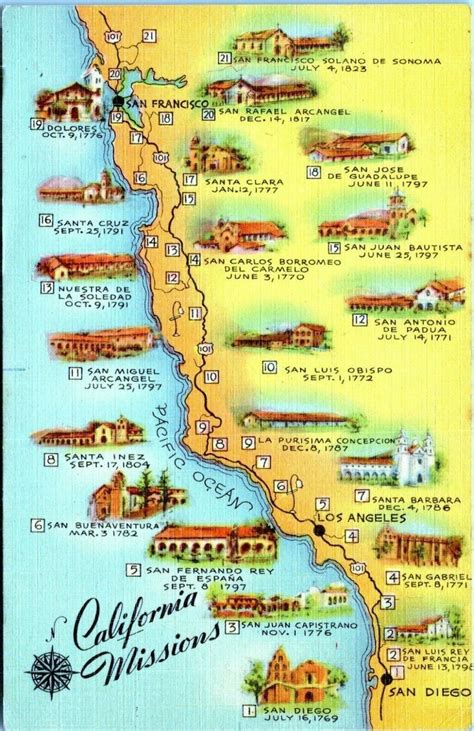 1947 California Missions Us Rt 101 Pacific Highway Map Linen Postcard