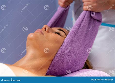 Relaxing Massage European Woman Getting Head Massage In Spa Salon