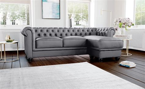 Hampton Grey Leather L Shape Chesterfield Corner Sofa Furniture