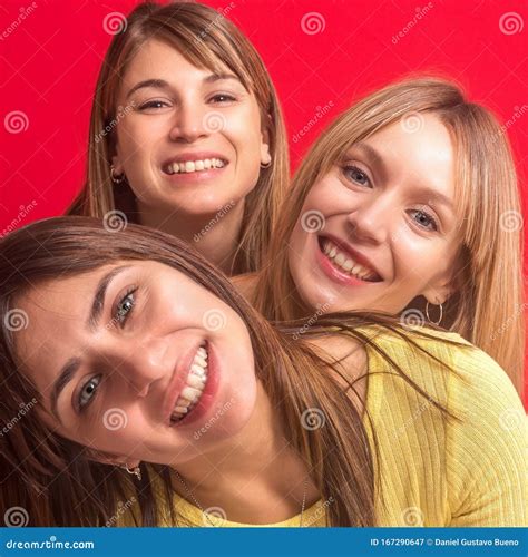 Detail Of The Faces Of Three Girls Smiling Stock Image Image Of