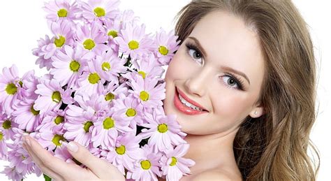 Hd Wallpaper Smiling Beautiful Girl Purple Daisies And Pink Lipsticks