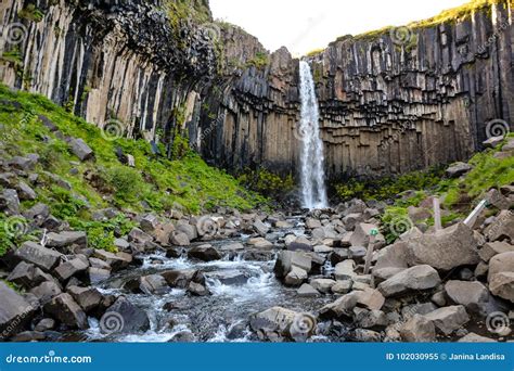 Svartifoss Waterfall From Above With Basalt Columns Iceland In Stock
