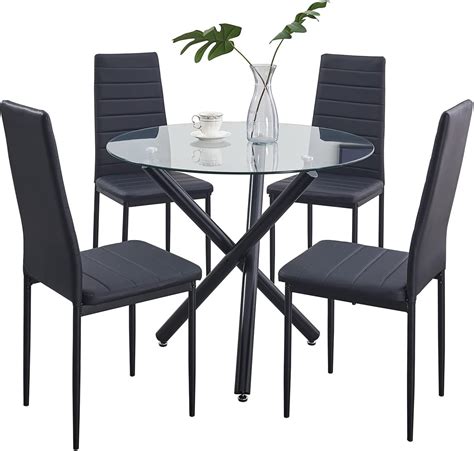 5 Piece Round Glass Dining Table Set For 4 Home Kitchen Glass Dining Table With 4