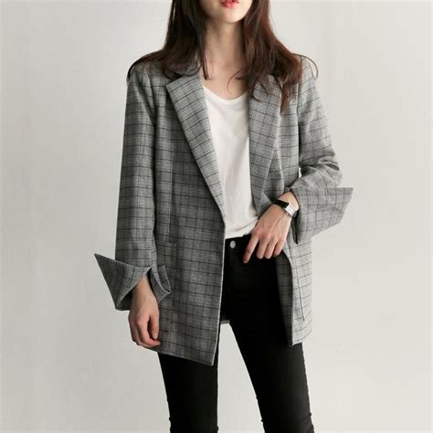 Womens Springautumn Casual Plaid Office Blazer With Split Sleeves In