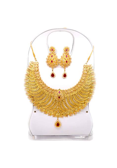 Biye Bazaar Gold Plate Pearl Ad Stone Joypuri Necklace Set