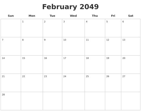February 2049 Blank Calendar Pages