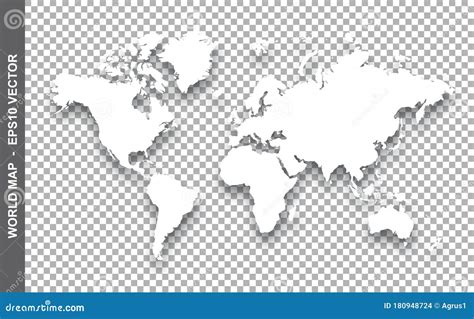 Vector White World Map With Shadow On Transparent Background Stock