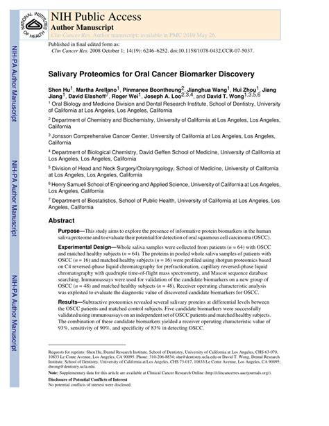 Pdf Salivary Proteomics For Oral Cancer Biomarker Discovery
