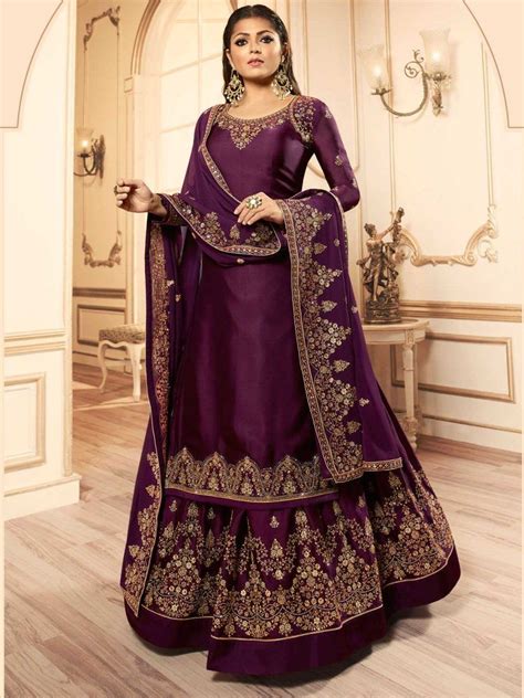 Drashti Dhami Satin Georgette Purple Embroidered Lehenga Suit M Party Wear Lehenga Lehenga