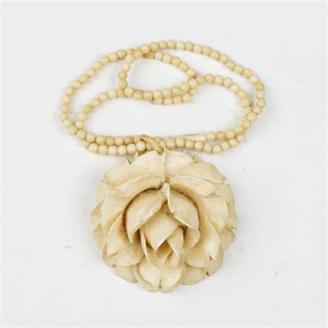 Vintage Ivory Flower Pendant On Bead Necklace Pendantslockets