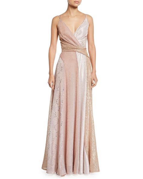 Talbot Runhof V Neck Sleeveless Colorblock Sequined A Line Evening Gown