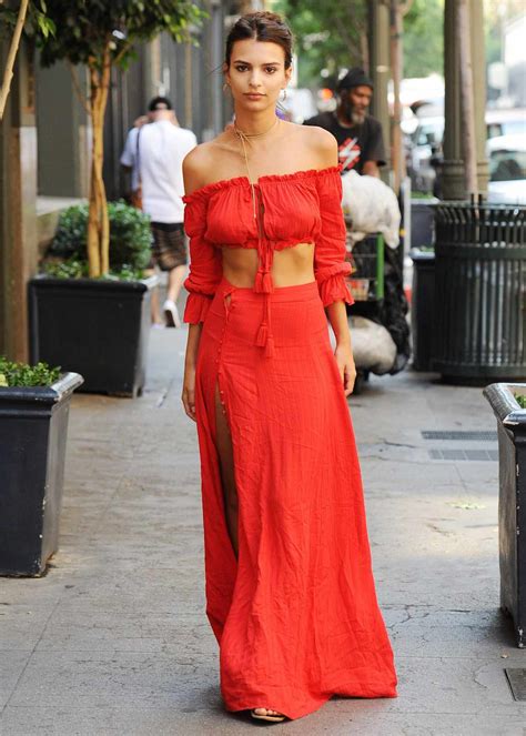 Emily Ratajkowski Wears Red Crop Top And Matching Slit Skirt In La